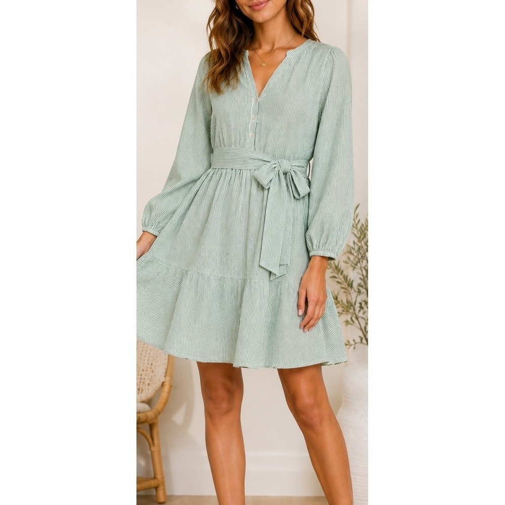 Lilly Pulitzer Green White Striped Seersucker Tiered Fit Flare Dress Size 8